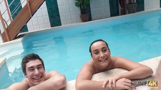Fantasy Slim brunette has sex with stranger by the pool